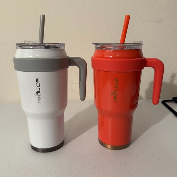 Reduce Stainless Steel Tumbler Set of 2 | Handle + Straw | 40oz White & Coral - Picture 1 of 3